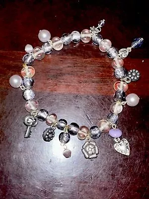 Vintage Charm Bracelet Hearts Keys Beads Flowers • $11.85