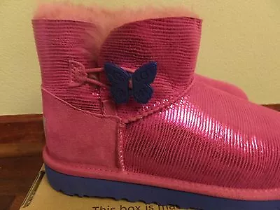 YOUTH 5 UGG Kids Girls Mini Bailey Button Lizard Pink Winter Boots 1002678 RSPS • $99.99