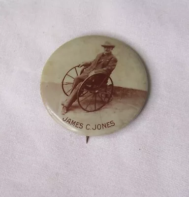 C1900 CIVIL WAR VETERAN JAMES C JONES CELLULOID PINBACK BADGE MAN WHEELCHAIR • $26.99