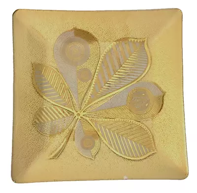 VTG GEORGE BRIARD Mid Century Gilt GLASS PLATE 7.75  Sq/ Gold & Aqua Large LEAF • $18