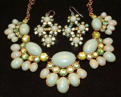 Vintage Trifari Green Rhinestone Oval Cabochon Necklace Earring Set Crown Tag • $33