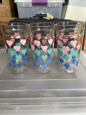 Vintage Anchor Hocking 6 In. Jelly Jar Style Glasses Set Of 3 Heart Patterns  • $19