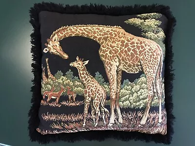 Vintage Tapestry Pillow Giraffes Safari 16” Black Fringe Ashford Court • $20