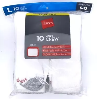 Hanes Men's Crew Socks White 10 Pack Men's Shoe Size 6-12 • $18.50