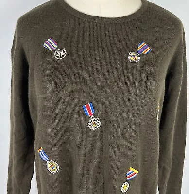 Vintage 90s Olive Brown Wool Blend Sweater S Military Medal Embroidered Retro • $27.99