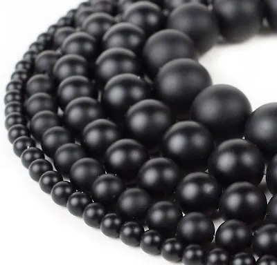 Natural Matte Black Onyx Beads Genuine Smooth 15”Strand 4mm 6mm 8mm 10mm 12mm • $4.95