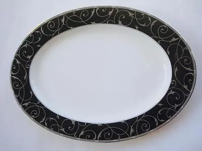 Mikasa Elegant Scroll Oval Serving Platter Black Silver Trim Bone China 15 Inch • $36.20