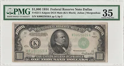Dallas 1934 One Thousand Dollars $1000 FRN—Fr#2211- Mule—35 Choice Very Fine • $4800