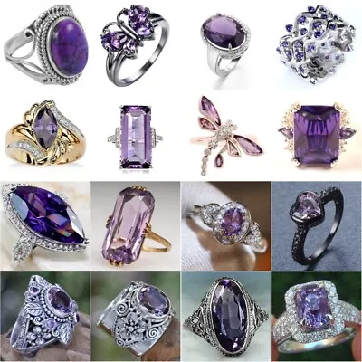 $3.12 • Buy Fashion 925 Silver Amethyst Ring Women Cubic Zirconia Wedding Rings Jewelry Gift