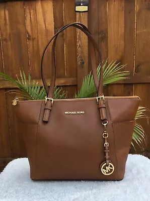 Michael Kors Brown Saffiano Leather Top Zip Large Jet Set Tote Shoulder Handbag • $41