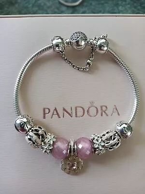 Pandora Bracelet With 7  Charms 2 Clips Safety Chain And  Box  • £70