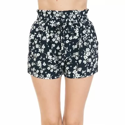 Womens Monotone Floral Print Tie Front High Paper Bag Waist Woven Pull On Shorts • $6.99