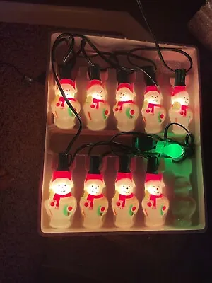VINTAGE Fancy Handpainted Glass Snowman Clip Christmas Tree Lights Set Of 9 • $22