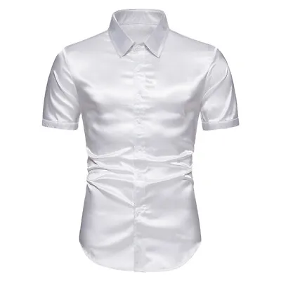 Mens Summer Satin Silk Shirts Tee Slim Fit Wedding Disco Party Button Down Tops • £6.99
