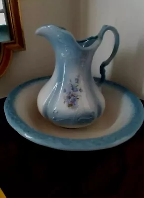 Vintage Large IRONSTONE Pottery Victorian Blue Floral Pitcher & Wash Bowl Set • $79