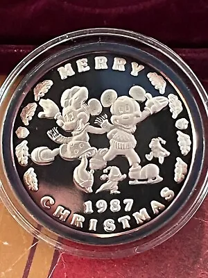 1987 Mickey And Minnie Mouse One Troy Ounce Silver Round W/ COD And Box • $54.99