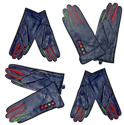 Leather Gloves Button Navy Ladies Multi Coloured Women’s Warm Fully Lined Glove • £18.49