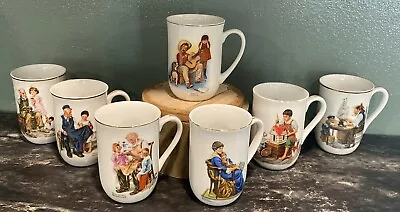 Norman Rockwell Museum Collection 1982 & 81 Coffee Mugs Cups Gold Trim Set 7 Pcs • $22