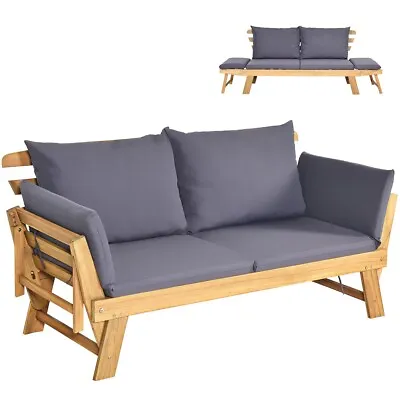 Outdoor Daybed Patio Convertible Couch Sofa Bed Wood Folding Chaise Lounge Bench • £238.95