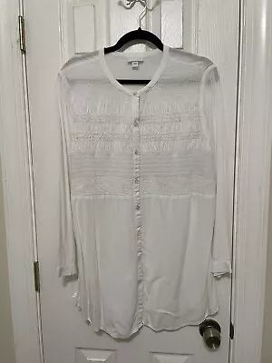 J Jill Smocked Button Up Side Slit Long Tunic Top Off White L *READ • $17.95