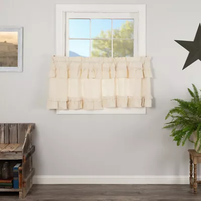 MUSLIN RUFFLED UNBLEACHED NATURAL Tier Set 24x36 Country Cottage Farmhouse • $10.97
