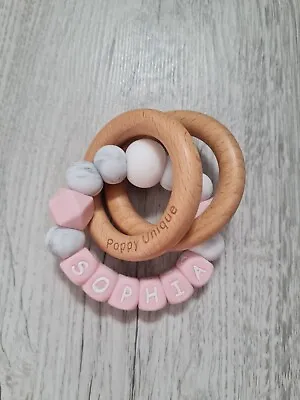 Baby Girl Personalised Gift Teething Ring Rattle Toy Teether  • £14