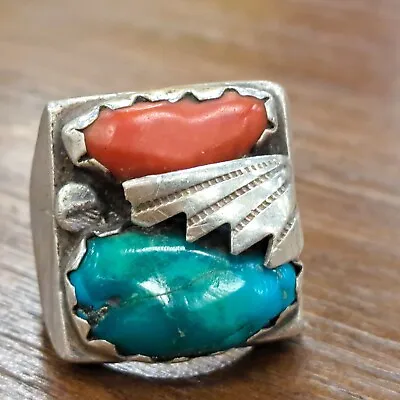 Native American Navajo Sterling Silver Turquoise Red Coral Mens Ring Sz 11 • $350