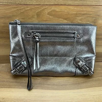 Michael Kors Fallon Pewter Leather Large Zip Clutch Handbag Wristlet • $19.88