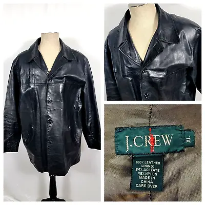 Vtg J.CREW Men's Leather Overcoat Peacoat Jacket Long Black Button Up XL • $74.99
