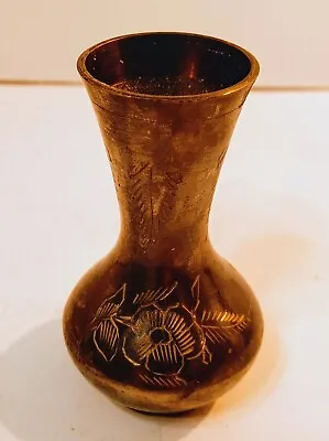 Vintage Small Brass Bud Vase Etched Floral Design  MCM Toothpick Holder Office  • $5.99