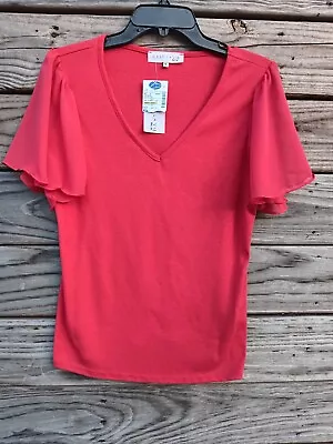 C'EST LA VIE Women's Red Short Sleeve  V-Neck Pullover Stretch Top Size M-NWT • $12.50