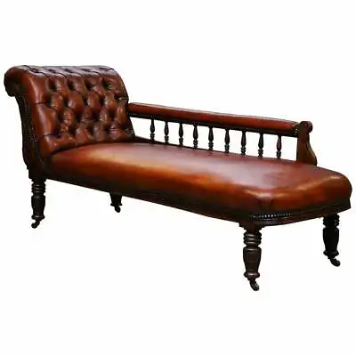 Lovely Restored Victorian Chesterfield Cigar Brown Leather Chaise Lounge Daybed • $4977