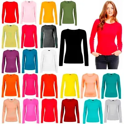 Women Ladies Plain Basic Long Sleeve Round Neck Stretch UK Plus Size T Shirt Top • £3.99