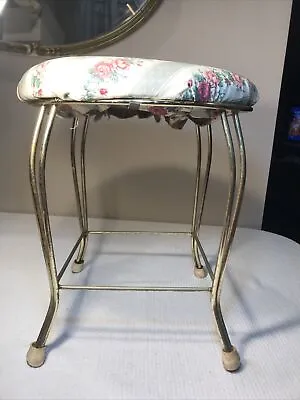 Vintage Gold Metal Mid Century  Vanity Chair Stool Floral Stripe Cushion • $40