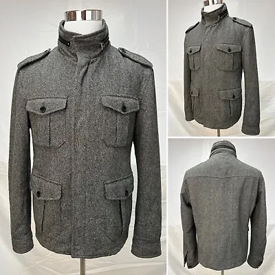 Zara Man 40R Charcoal Wool Blend Tweed Epaulet Shoulder Hooded Zip Jacket Coat • $85