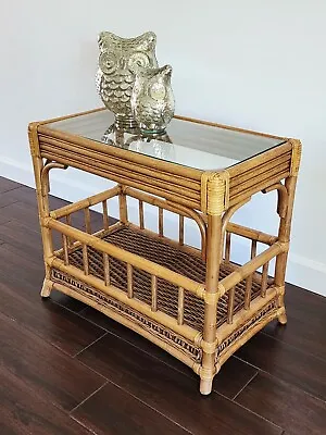 Tropical Rattan End Table-Braxton Culler 2 Tier Glass Wicker & Rattan Side Table • $399