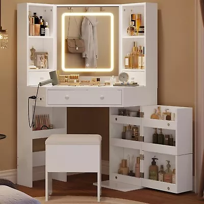 Makeup Vanity With Mirror & Lights Modern Vanity Table With Rotating Shelves • $229.97