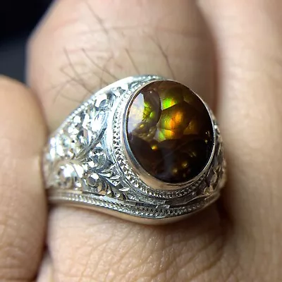 Natural Cab Fire Agate From Mexico In A Handmade Engraved Sterling Silver Ring • £154.08