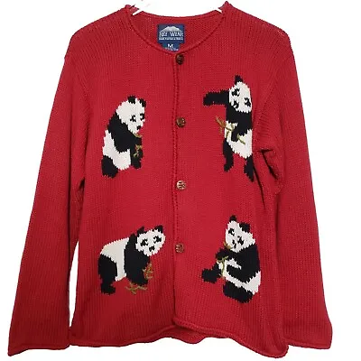 Vintage Hand Knit Panda Cardigan Cotton Red Bolivian Rey Wear Womens Medium • £33.36