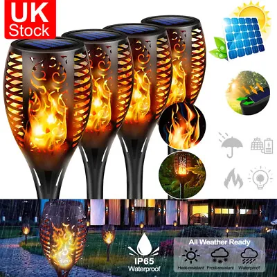 4× Flame Effect Solar Outdoor Lights Stake Garden Path Flickering LED Torch Lamp • £9.99