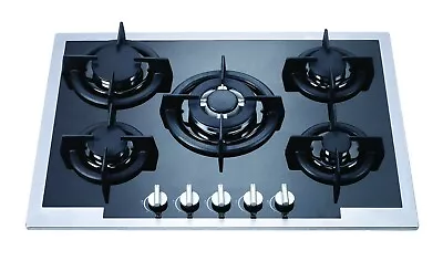 $450 • Buy 70cm BLACK GLASS  5 BURNER HEAVY DUTY CAST IRON GAS COOKTOP S/STEEL EDGE FRAME