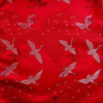 Red Crane Bird Japanese Vintage Kimono Silk Blend Fabric 36.5cm Width 1 Metre • £10