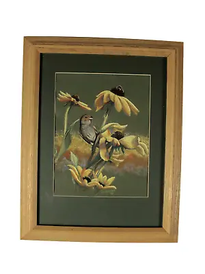 Original Oil Pastel Painting Sparrow Bird Yellow Sunflowers Framed Signed 12x16 • $99.99