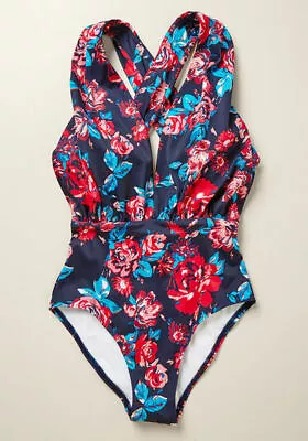 NEW MODCLOTH Lauren One Piece Swimsuit Navy Blue Floral Bathing Suit Medium • $17.99