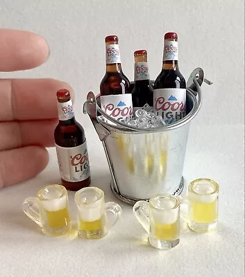 Miniature Dollhouse Handmade 4 Beers Bottles Beer Ice Bucket 4 Mugs Set Coors • $9.99