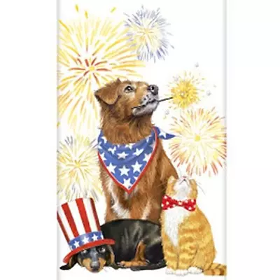 Mary Lake-Thompson Patriotic Pets Dogs & Cat Fireworks Flour Sack Kitchen Towel • $10.50