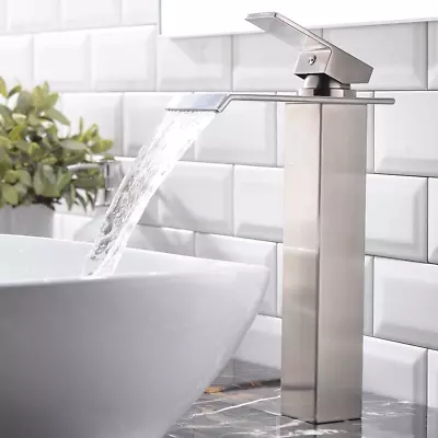 Modern Single Handle Brushed Nickel Vessel Sink FaucetTall Wide Spout Waterfall • $66.22