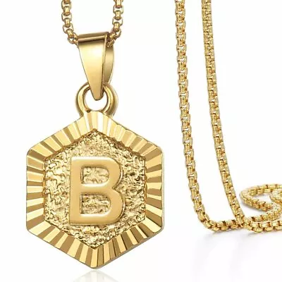 Hexagon A-Z Gold Plated 14k Initial Letter Pendant Necklace Unisex Mens Womens • $8.54