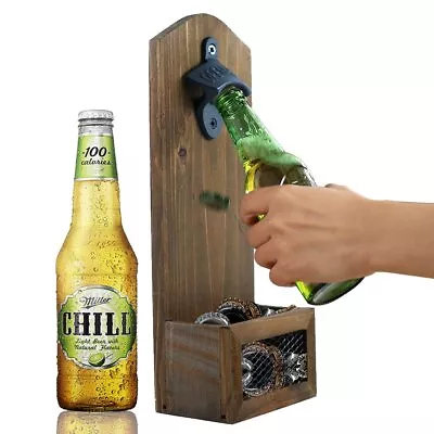 Wooden Bottle Opener Wall Mounted With Cap Catcher Gifts For Men And Beer • $27.55