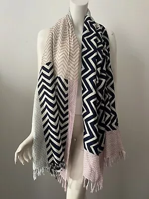 J. Crew Navy Multicolor Chevron Fringe Edge Lightweight Scarf Size Large • $14.99